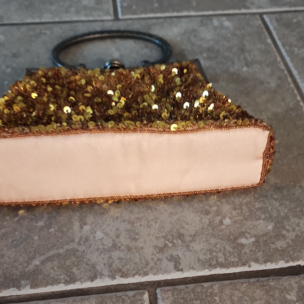 Vintage Gold Sequin Top Handle Clutch Kiss Lock Lined Silver Hardware Women j - Picture 6 of 8